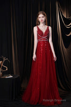 A Line V-neck Shiny Sequin Beaded Prom Dresses