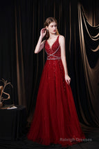 A Line V-neck Shiny Sequin Beaded Prom Dresses