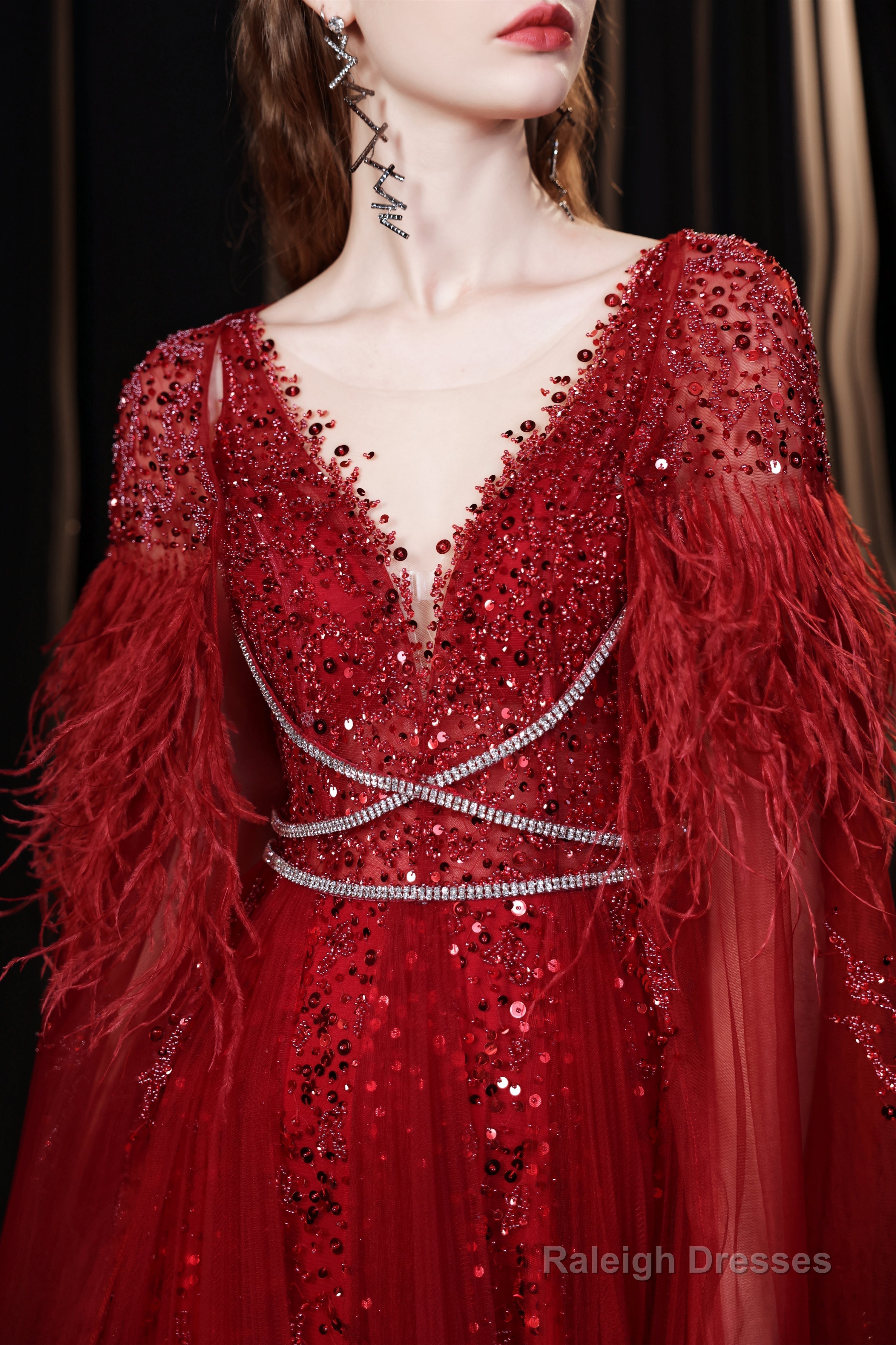 A Line V-neck Shiny Sequin Beaded Prom Dresses