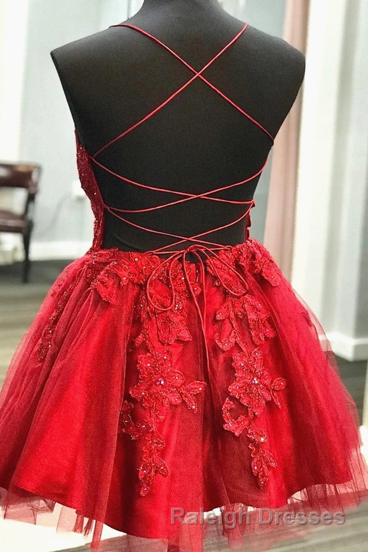 A Line V Neck Short Backless Red Lace Prom Dress Short Red Backless Lace Prom Homecoming Dress Secondary image