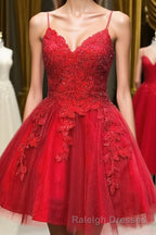 A Line V Neck Short Backless Red Lace Prom Dresses, Short Red Backless Lace Formal Homecoming Dresses