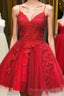 A Line V Neck Short Backless Red Lace Prom Dresses, Short Red Backless Lace Formal Homecoming Dresses