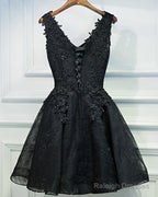 A Line V Neck Short Black Lace Prom Dresses, Black Short Formal Dresses, Black Lace Graduation Dresses, Homecoming Dresses
