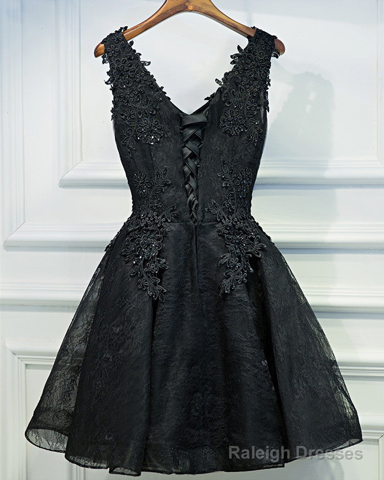 A-Line V Neck Short Black Lace Prom Dress Black Short Prom Dress Black Lace Graduation Dress Homecoming Dress Secondary image
