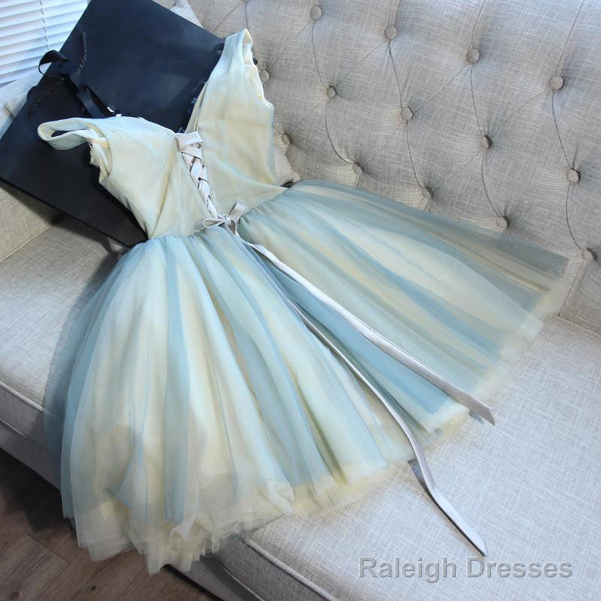 A Line V Neck Short Blue Floral Prom Dresses, Short Floral Blue Graduation Homecoming Dresses