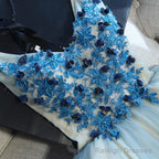 A Line V Neck Short Blue Floral Prom Dresses, Short Floral Blue Graduation Homecoming Dresses