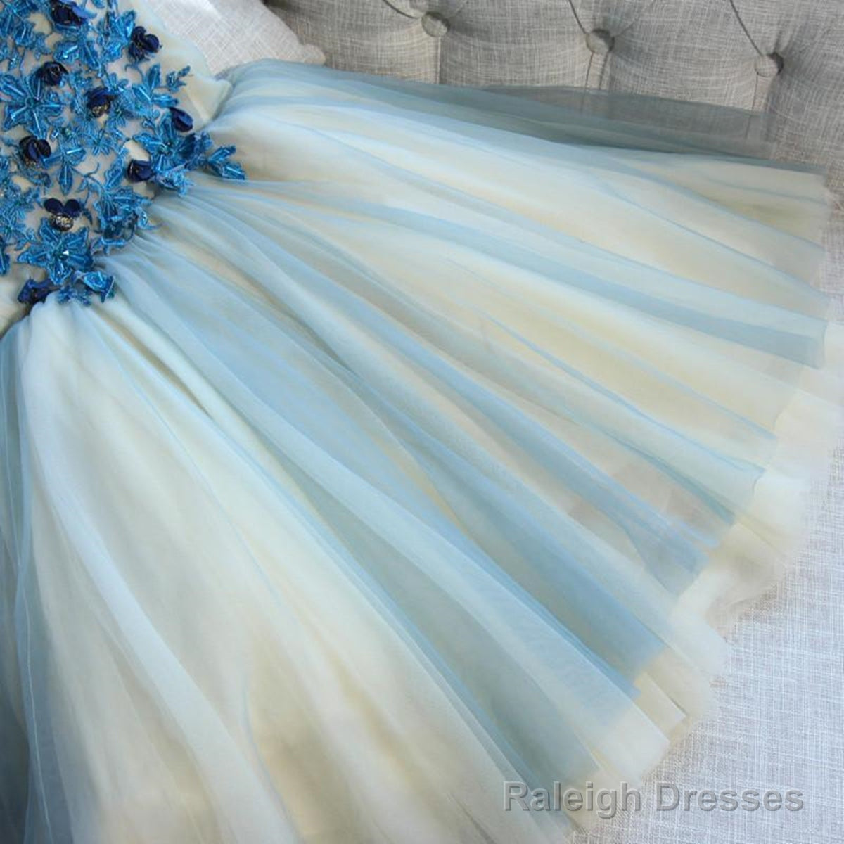 A-Line V Neck Short Blue Floral Prom Dress Short Floral Blue Graduation Homecoming Dress