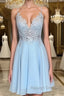 A Line V Neck Short Blue Lace Prom Dress Short Blue Lace Prom Homecoming Dress