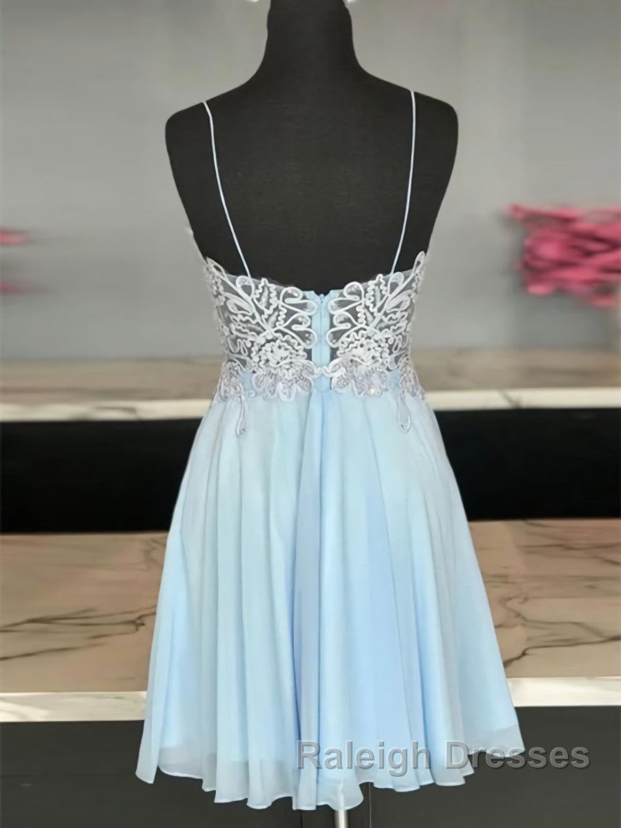 A Line V Neck Short Blue Lace Prom Dresses, Short Blue Lace Formal Homecoming Dresses Secondary image