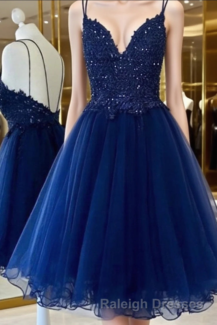 A Line V Neck Short Blue Prom Dress Short Blue Lace Graduation Homecoming Dress
