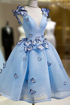 A Line V Neck Short Blue Prom Dresses with Butterfly, Short Blue Formal Homecoming Dresses