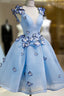 A Line V Neck Short Blue Prom Dresses with Butterfly, Short Blue Formal Homecoming Dresses