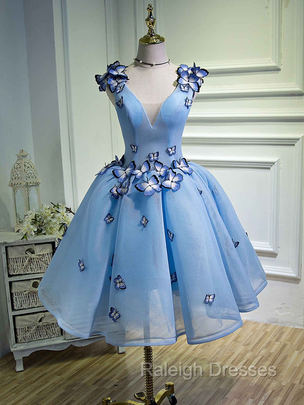 A Line V Neck Short Blue Prom Dresses with Butterfly, Short Blue Formal Homecoming Dresses Main image