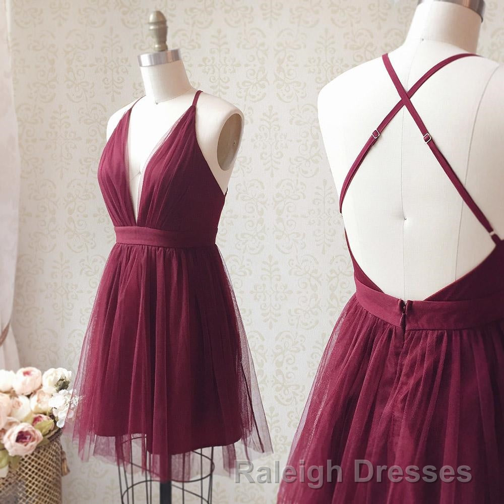 A Line V Neck Short Burgundy Backless Prom Dresses, Short Burgundy Backless Formal Homecoming Dresses Secondary image