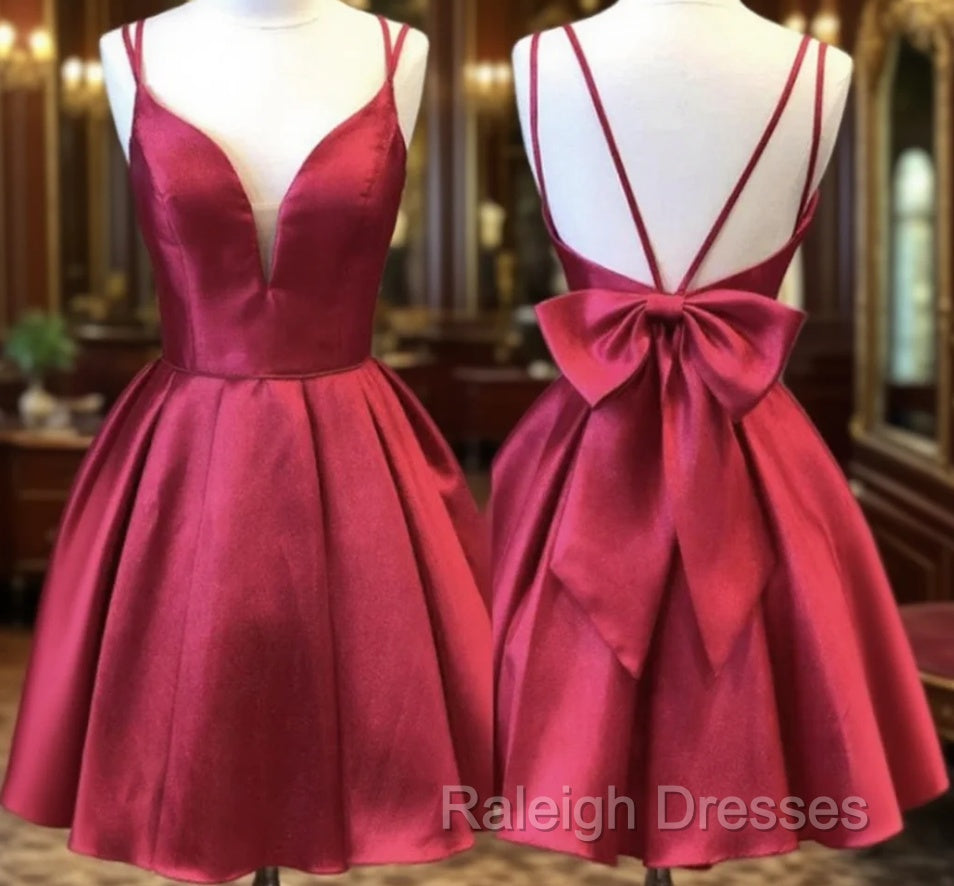 A Line V Neck Short Burgundy Backless Prom Dresses, Short Wine Red Formal Homecoming Dresses
