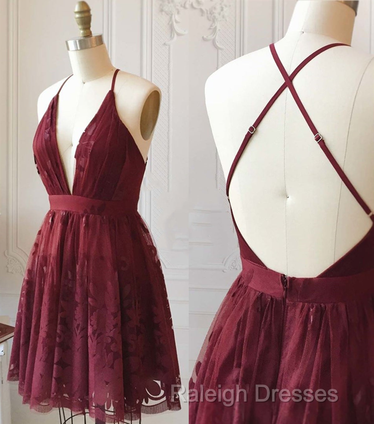A Line V Neck Short Burgundy Lace Prom Dresses, Short Burgundy Lace Formal Homecoming Dresses