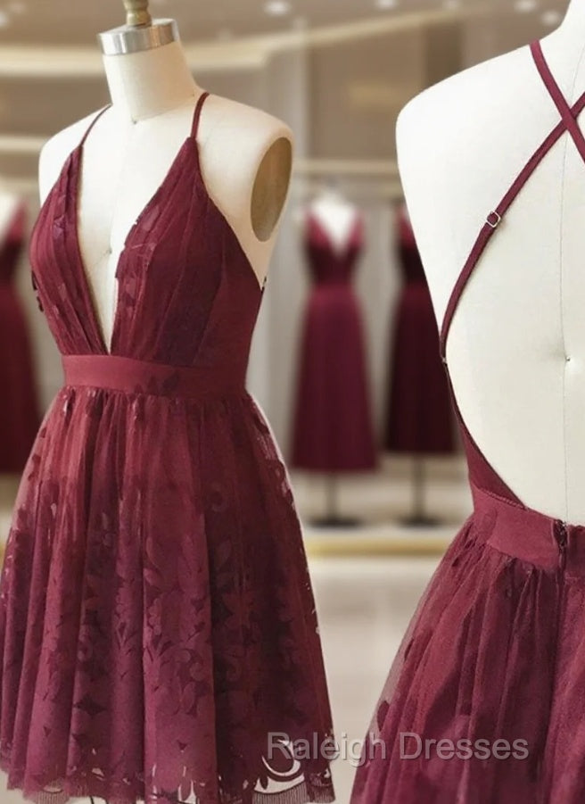 A Line V Neck Short Burgundy Lace Prom Dresses, Short Burgundy Lace Formal Homecoming Dresses Main image