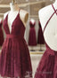 A-Line V Neck Short Burgundy Lace Prom Dress Short Burgundy Lace Prom Homecoming Dress