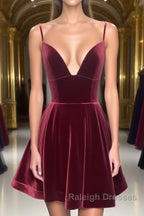 A Line V Neck Short Burgundy Prom Dresses, Short Wine Red Formal Homecoming Dresses