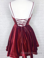 A Line V Neck Short Burgundy Prom Dresses, Short Wine Red Formal Homecoming Dresses