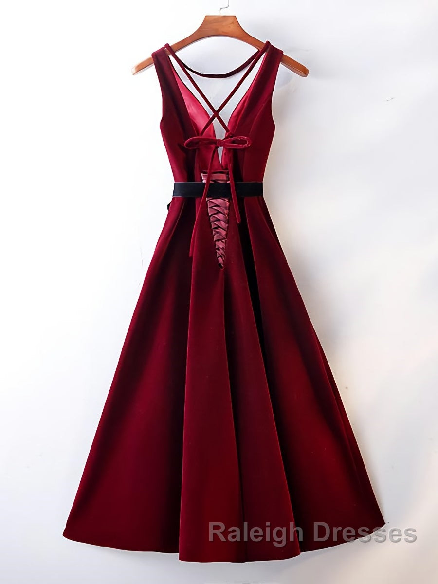 A Line V Neck Short Burgundy Prom Dresses, Wine Red Short Formal Graduation Homecoming Dresses Secondary image