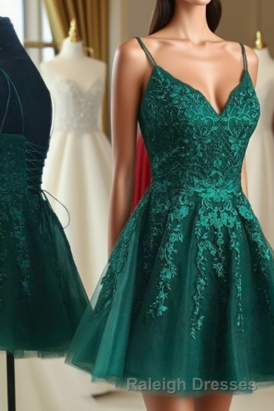 A Line V Neck Short Dark Green Lace Prom Dresses, Dark Green Lace Formal Homecoming Dresses Main image