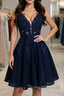A Line V Neck Short Dark Navy Blue Lace Prom Dresses, Dark Navy Blue Lace Homecoming Graduation Dresses