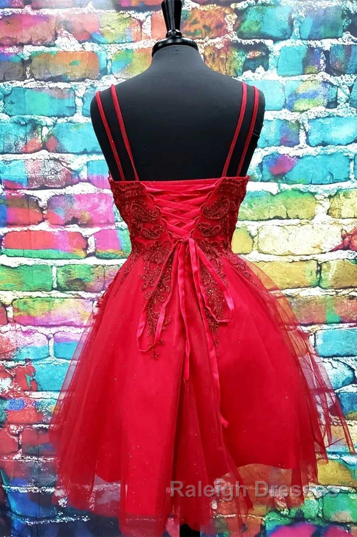A Line V Neck Short Dark Red Lace Prom Dresses, Short Dark Red Lace Formal Homecoming Dresses Main image