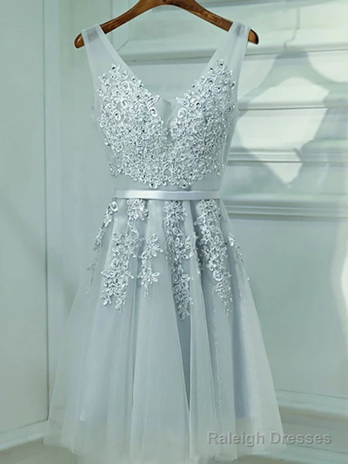 A Line V Neck Short Gray Lace Prom Dresses, Short Gray Lace Formal Homecoming Dresses Main image