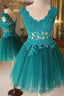 A Line V Neck Short Green-Blue Lace Prom Dresses, Short Lace Formal Evening Graduation Dresses