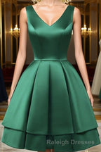 A Line V Neck Short Green Satin Prom Dresses, Short Green Satin Homecoming Graduation Dresses