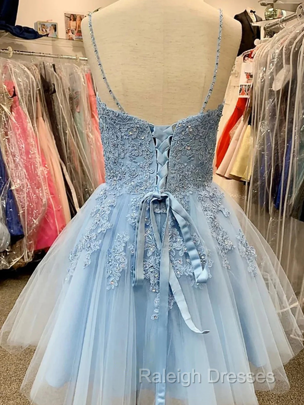 A Line V Neck Short Light Blue Lace Prom Dresses, Short Light Blue Lace Homecoming Dresses Secondary image