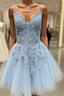 A Line V Neck Short Light Blue Lace Prom Dresses, Short Light Blue Lace Homecoming Dresses