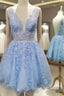 A-line V Neck Short/Mini Lace Homecoming Dress With Appliqued Beading
