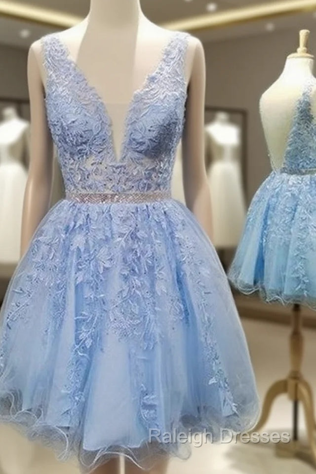 A Line V Neck Short Mini Lace Homecoming Dress With Appliqued Beading Main image