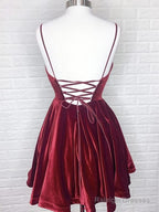 A-Line V-Neck Short/Mini Velvet Homecoming Dresses With Back Tie Design