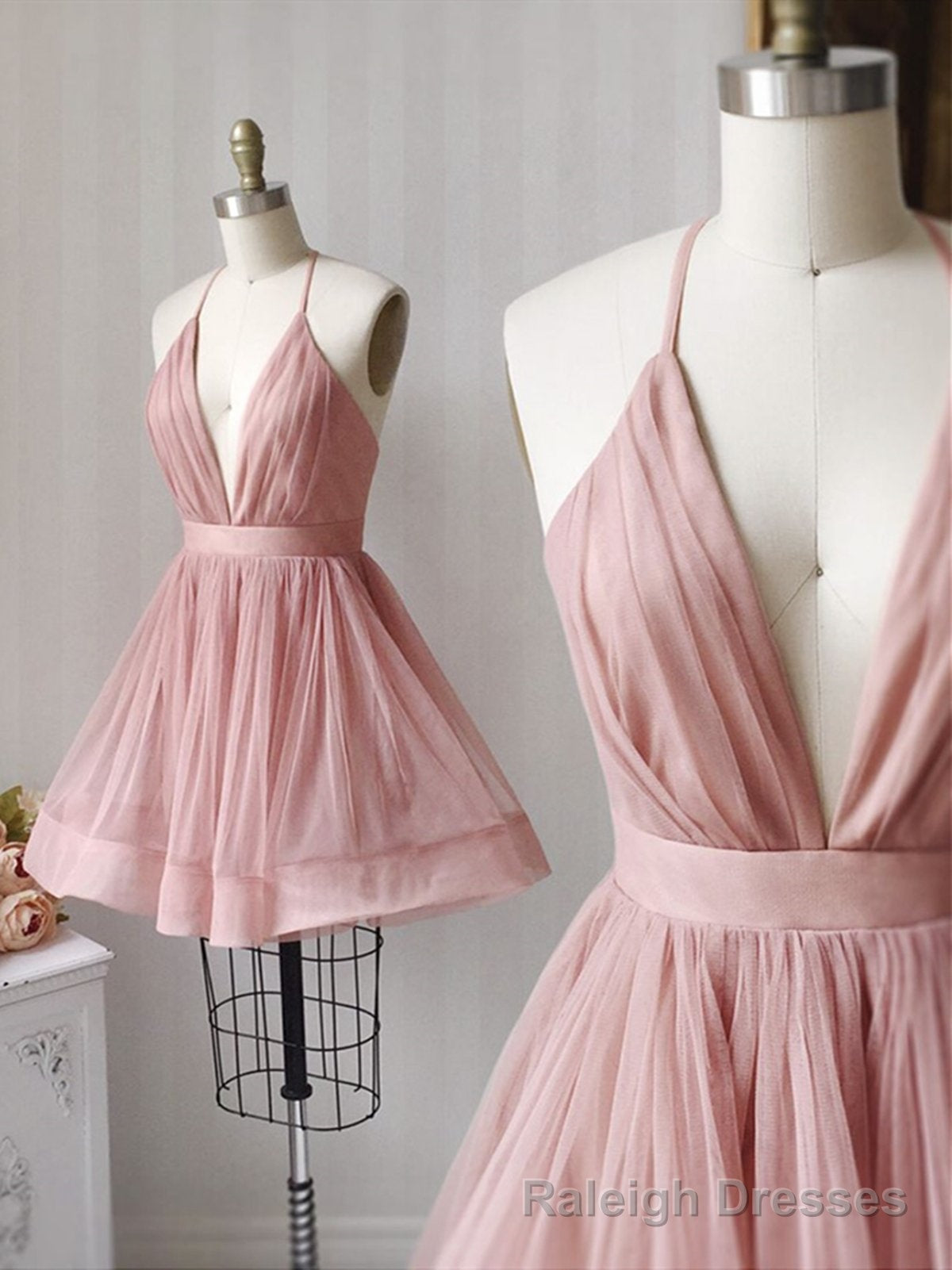 A Line V Neck Short Pink Tulle Prom Dresses, Short Pink Tulle Formal Homecoming Dresses Main image