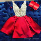 A Line V Neck Short Red Beaded Prom Dresses, Short Red V Neck Formal Homecoming Dresses