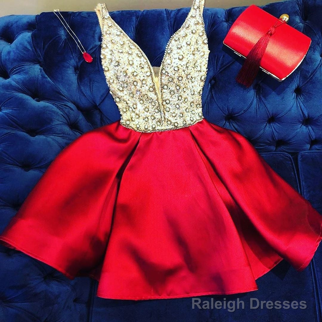 A Line V Neck Short Red Beaded Prom Dresses, Short Red V Neck Formal Homecoming Dresses