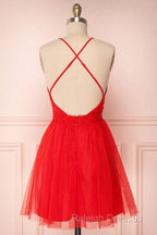 A-Line V Neck Short Red/Burgundy Tulle Prom Dress Short Red/Burgundy Graduation Homecoming Dress