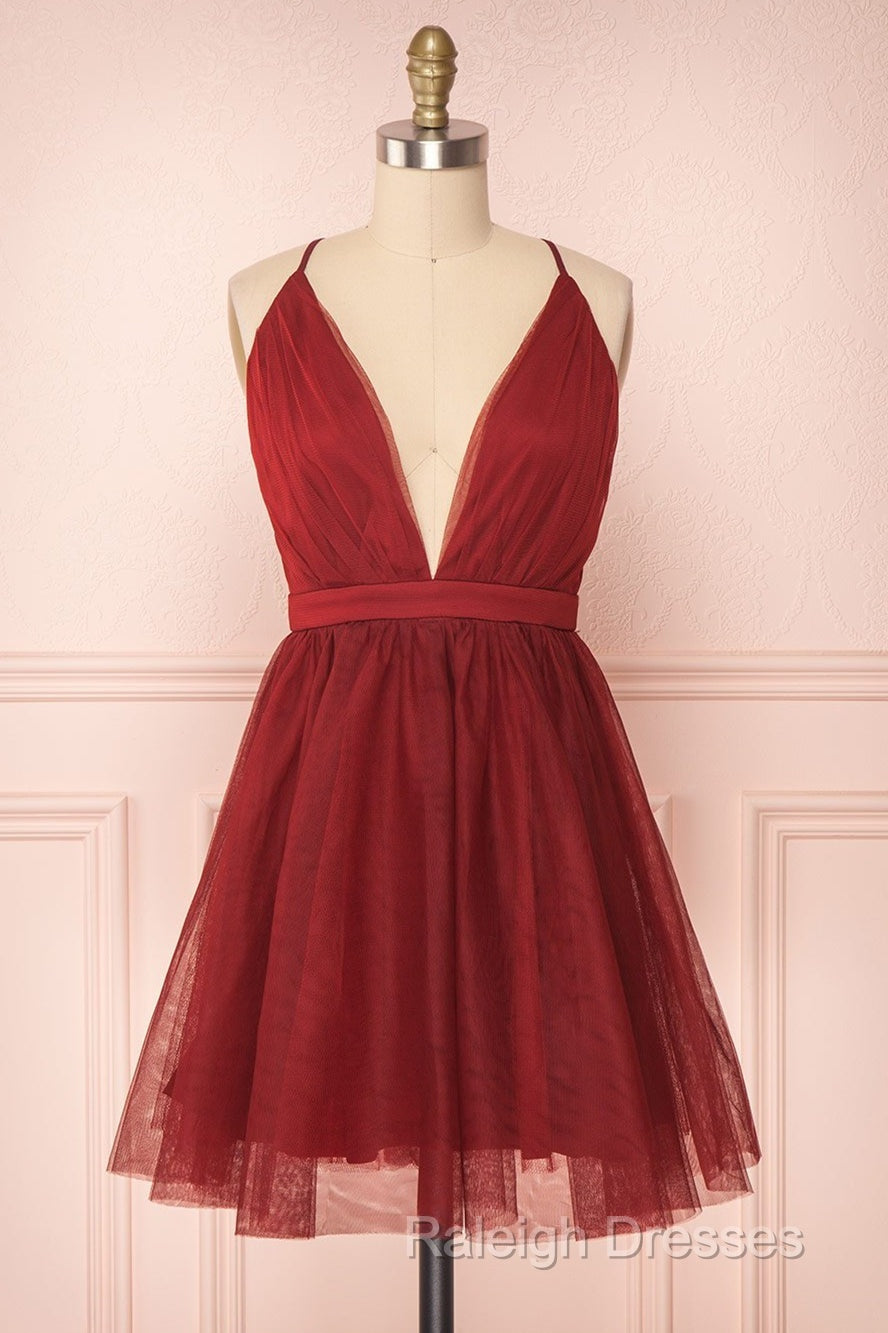 A-Line V Neck Short Red/Burgundy Tulle Prom Dress Short Red/Burgundy Graduation Homecoming Dress