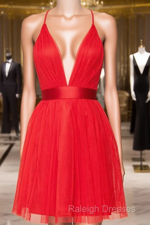 A-Line V Neck Short Red/Burgundy Tulle Prom Dress Short Red/Burgundy Graduation Homecoming Dress