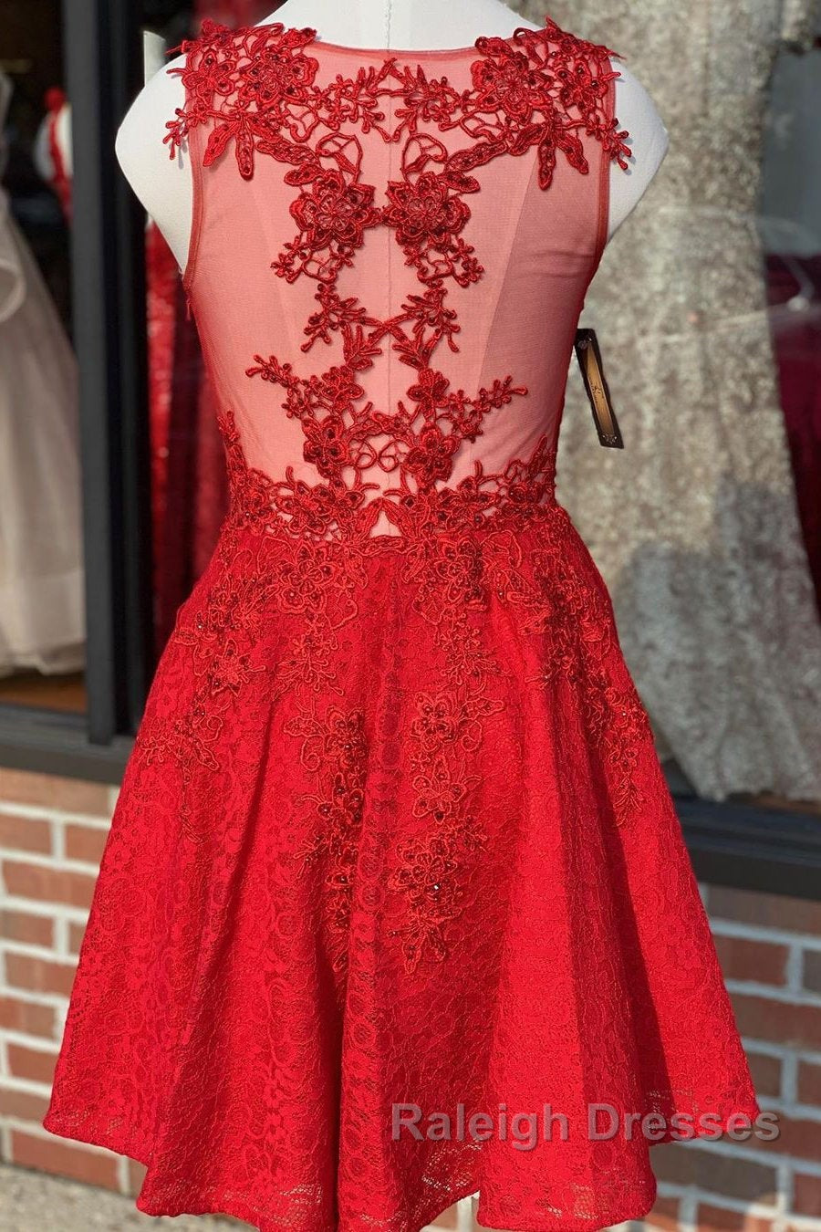A Line V Neck Short Red Lace Prom Dress, Red Lace Formal Graduation Homecoming Dress Main image