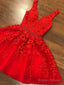 A-Line V Neck Short Red Lace Prom Dress Short Red Lace Prom Graduation Homecoming Dress