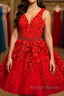 A Line V Neck Short Red Lace Prom Dresses, Short Red Lace Formal Homecoming Dresses