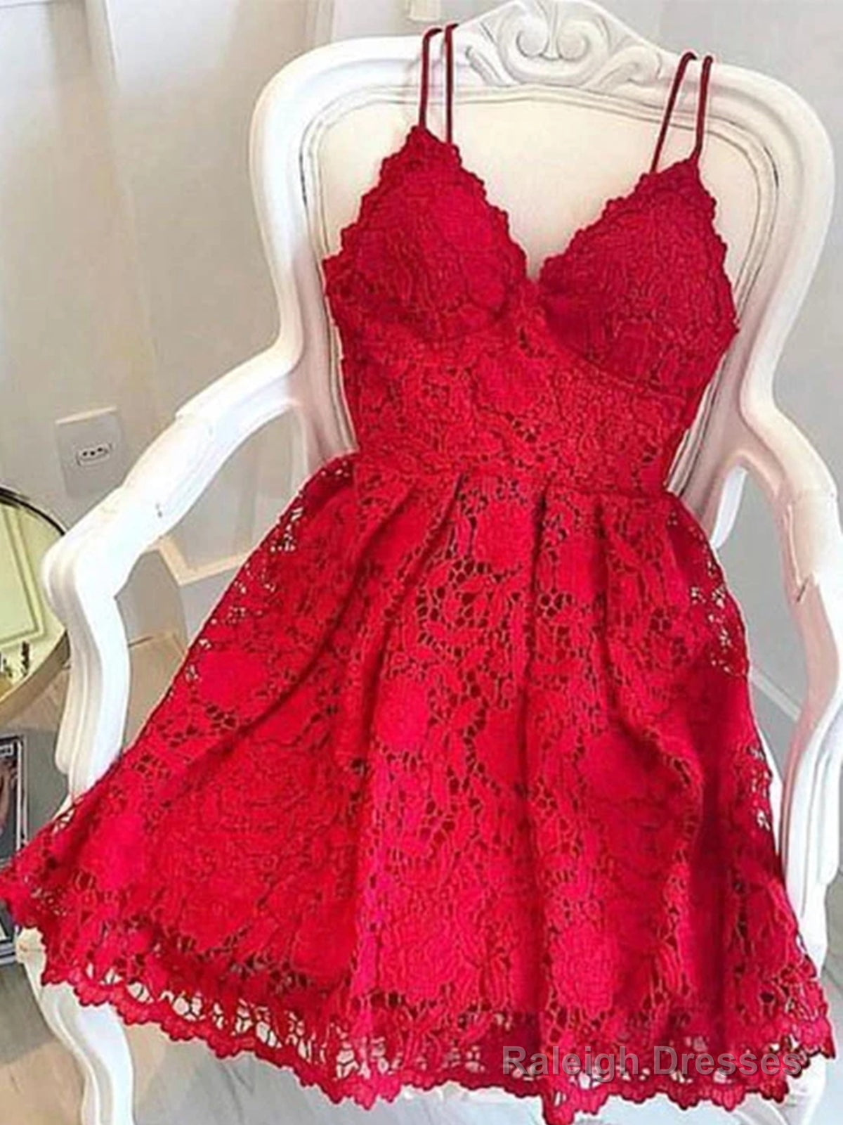 A Line V Neck Short Red Lace Prom Dresses, Short Red Lace Formal Homecoming Graduation Dresses Main image