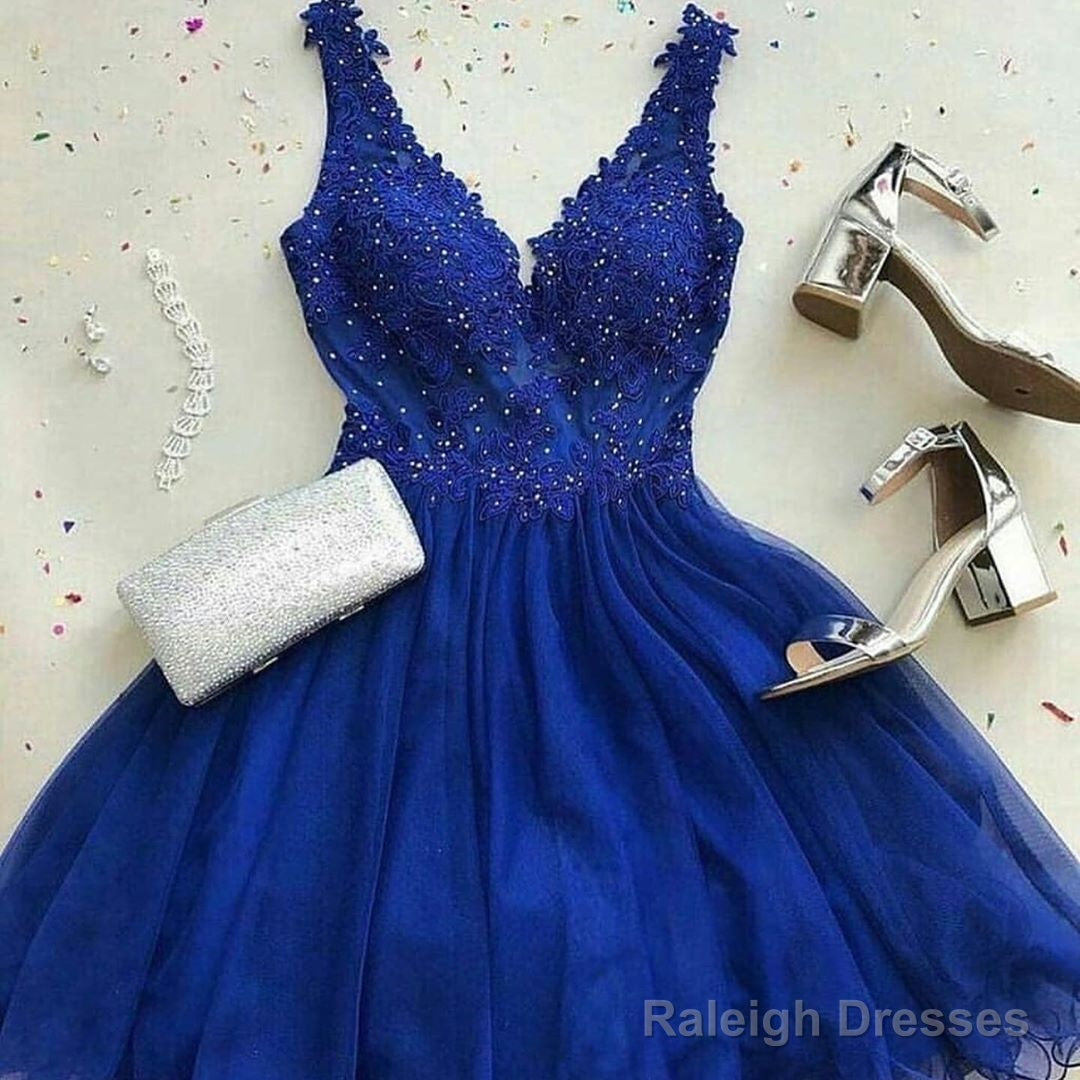 A Line V Neck Short Royal Blue Lace Prom Dresses, Short Royal Blue Lace Formal Homecoming Dresses Secondary image