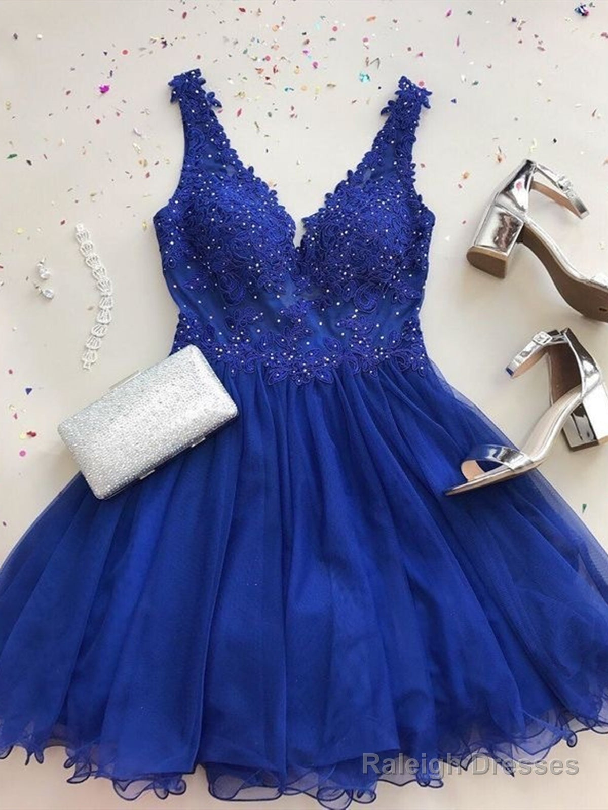 A Line V Neck Short Royal Blue Lace Prom Dresses, Short Royal Blue Lace Formal Homecoming Dresses Main image
