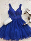 A-Line V Neck Short Royal Blue Lace Prom Dress Short Royal Blue Lace Prom Homecoming Dress