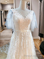 A-line V-neck Short Sleeves Appliques Lace Sweep Train Tulle Wedding Dress